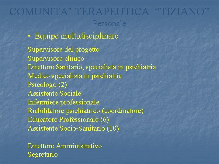 COMUNITA’ TERAPEUTICA “TIZIANO” Personale • Equipe multidisciplinare Supervisore del progetto Supervisore clinico Direttore Sanitario,