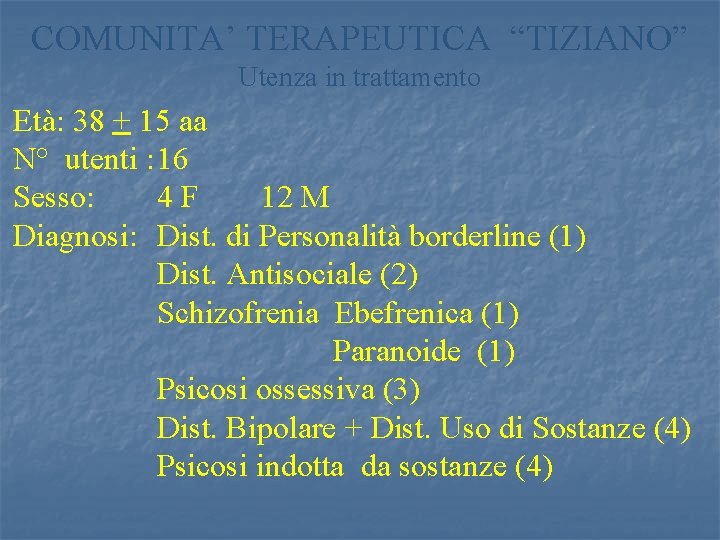 COMUNITA’ TERAPEUTICA “TIZIANO” Utenza in trattamento Età: 38 + 15 aa N° utenti :