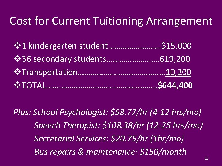 Cost for Current Tuitioning Arrangement v 1 kindergarten student…………$15, 000 v 36 secondary students………………….