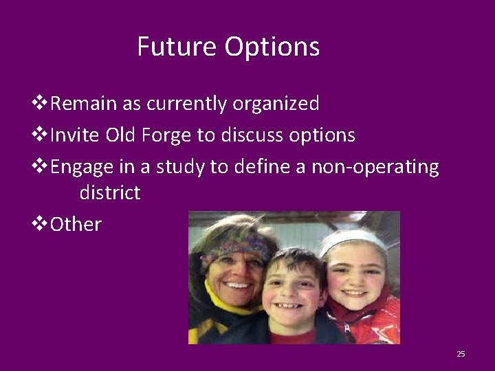 Future Options v. Remain as currently organized v. Invite Old Forge to discuss options