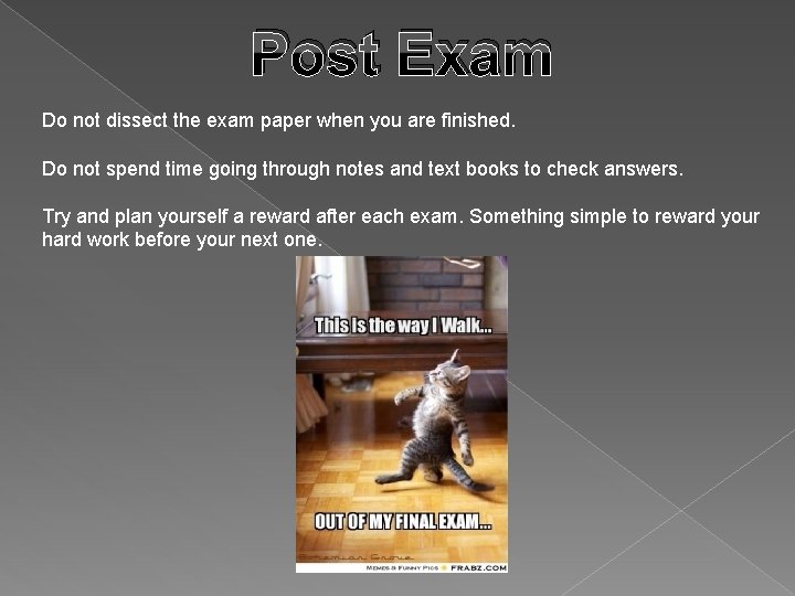 Post Exam Do not dissect the exam paper when you are finished. Do not
