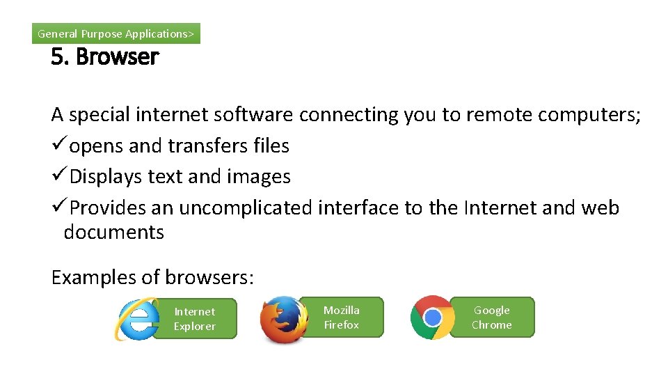 General Purpose Applications> 5. Browser A special internet software connecting you to remote computers;