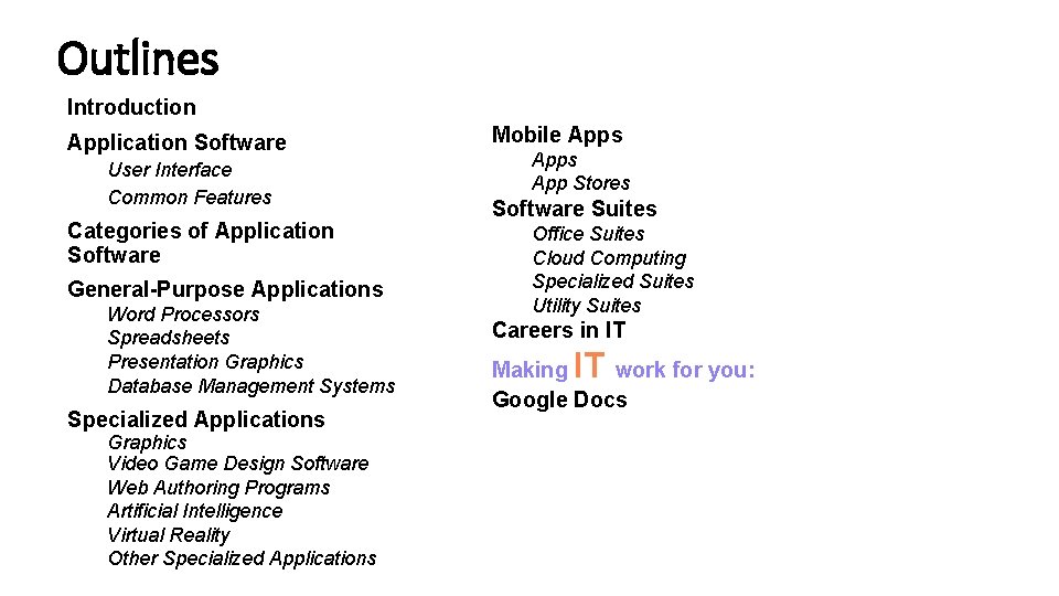 Outlines Introduction Application Software User Interface Common Features Categories of Application Software General-Purpose Applications