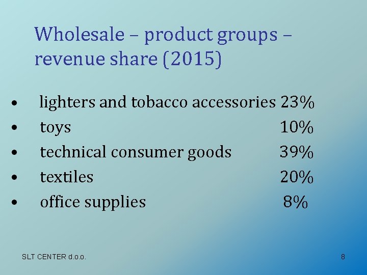 Wholesale – product groups – revenue share (2015) • • • lighters and tobacco