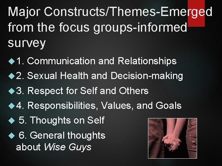 Major Constructs/Themes-Emerged from the focus groups-informed survey 1. Communication and Relationships 2. Sexual Health