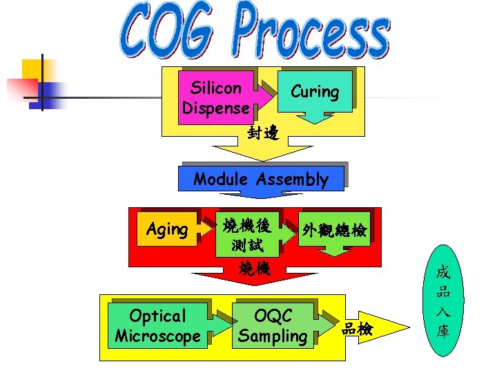 Silicon Curing Dispense 封邊 Module Assembly Aging Optical Microscope 燒機後 測試 燒機 外觀總檢 OQC