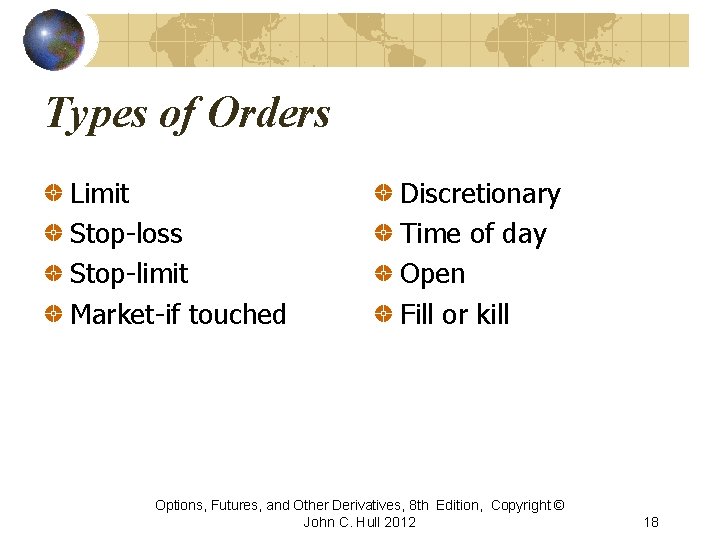 Types of Orders Limit Stop-loss Stop-limit Market-if touched Discretionary Time of day Open Fill