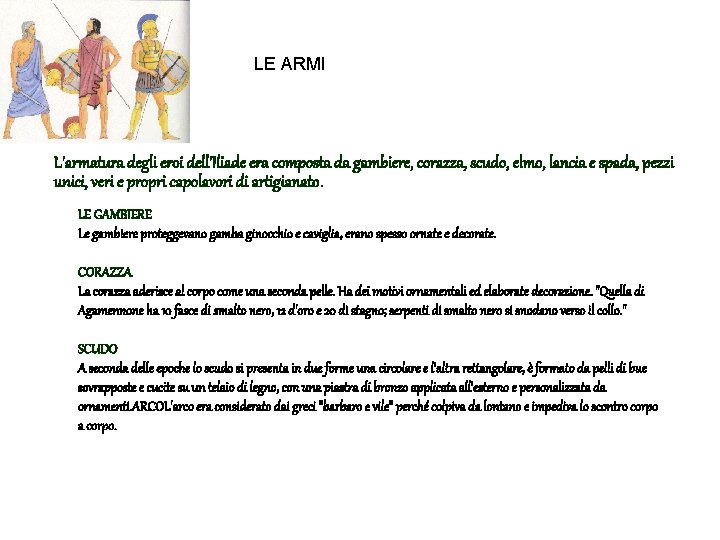 LE ARMI L'armatura degli eroi dell'Iliade era composta da gambiere, corazza, scudo, elmo, lancia