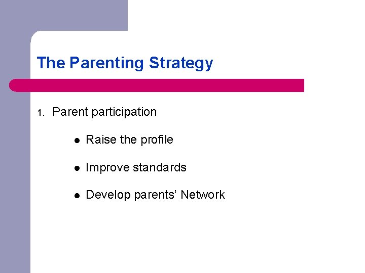 The Parenting Strategy 1. Parent participation l Raise the profile l Improve standards l