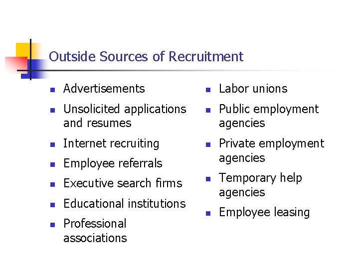 Outside Sources of Recruitment n n Advertisements Unsolicited applications and resumes n Internet recruiting