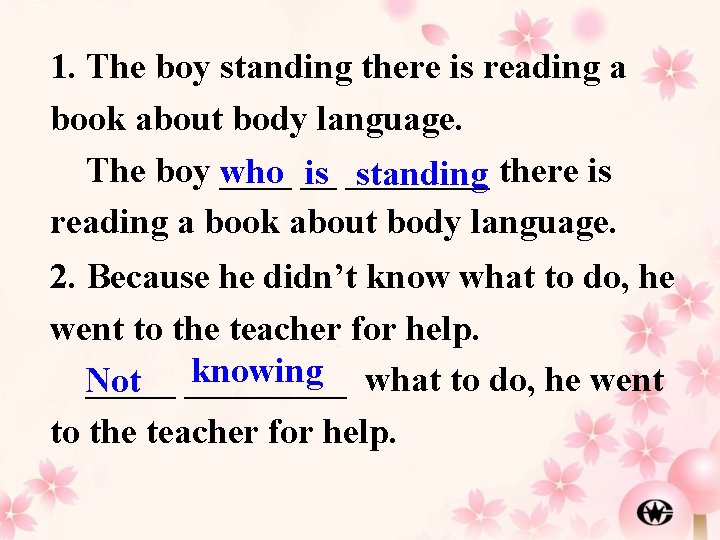 1. The boy standing there is reading a book about body language. The boy