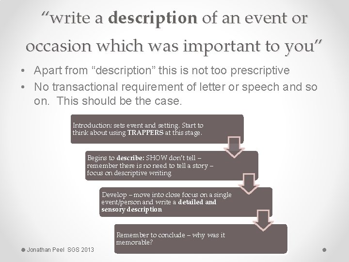 “write a description of an event or occasion which was important to you” •