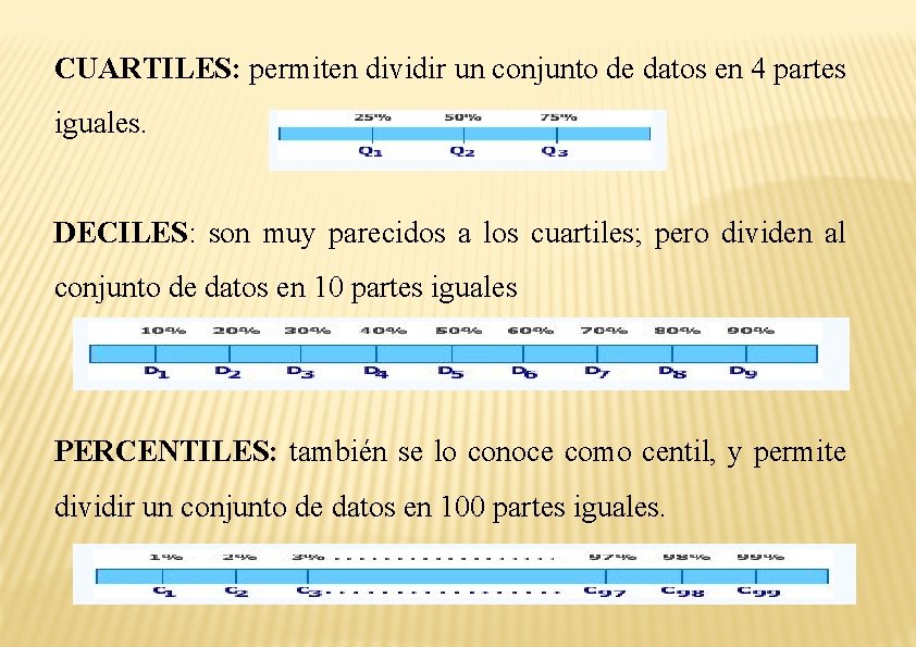 CUARTILES: permiten dividir un conjunto de datos en 4 partes iguales. DECILES: son muy