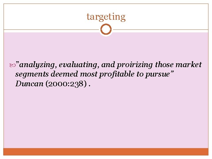 targeting ”analyzing, evaluating, and proirizing those market segments deemed most profitable to pursue” Duncan