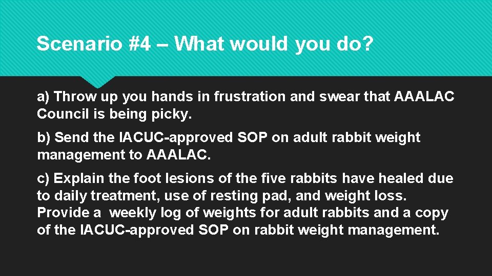 Scenario #4 – What would you do? a) Throw up you hands in frustration Scenario #4 – What would you do? a) Throw up you hands in frustration