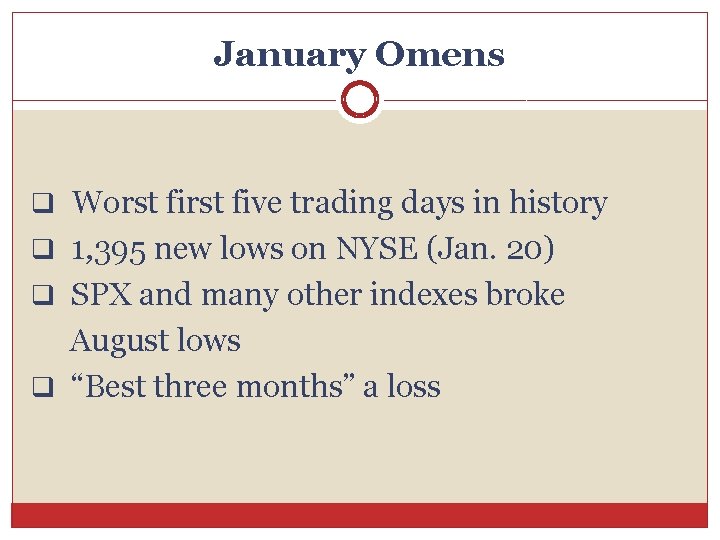 January Omens q Worst five trading days in history q 1, 395 new lows