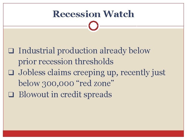 Recession Watch q Industrial production already below prior recession thresholds q Jobless claims creeping