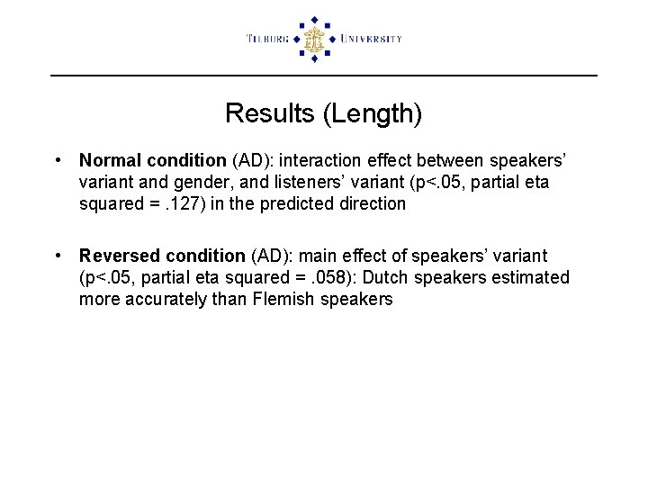 Results (Length) • Normal condition (AD): interaction effect between speakers’ variant and gender, and