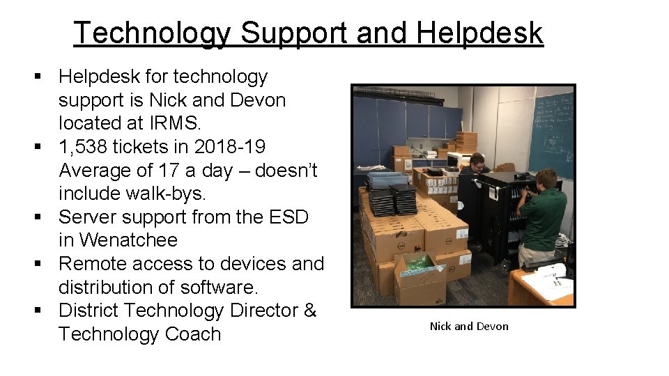 Technology Support and Helpdesk § Helpdesk for technology support is Nick and Devon located