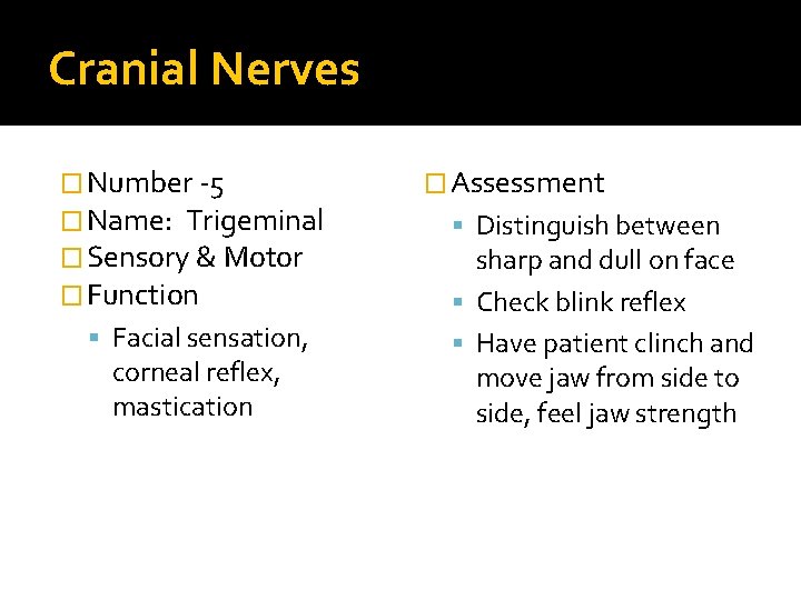 Cranial Nerves � Number -5 � Name: Trigeminal � Sensory & Motor � Function