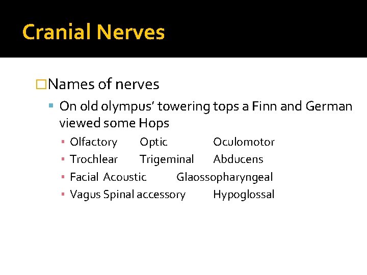 Cranial Nerves �Names of nerves On old olympus’ towering tops a Finn and German