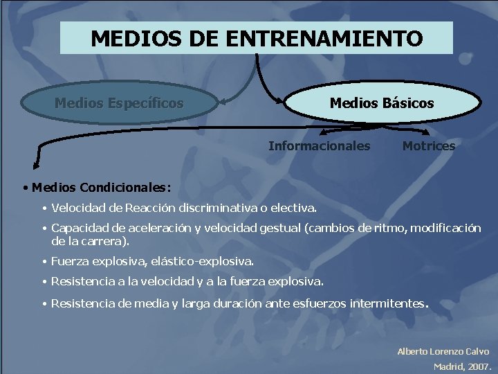 MEDIOS DE ENTRENAMIENTO Medios Básicos Medios Específicos Informacionales Motrices • Medios Condicionales: • Velocidad