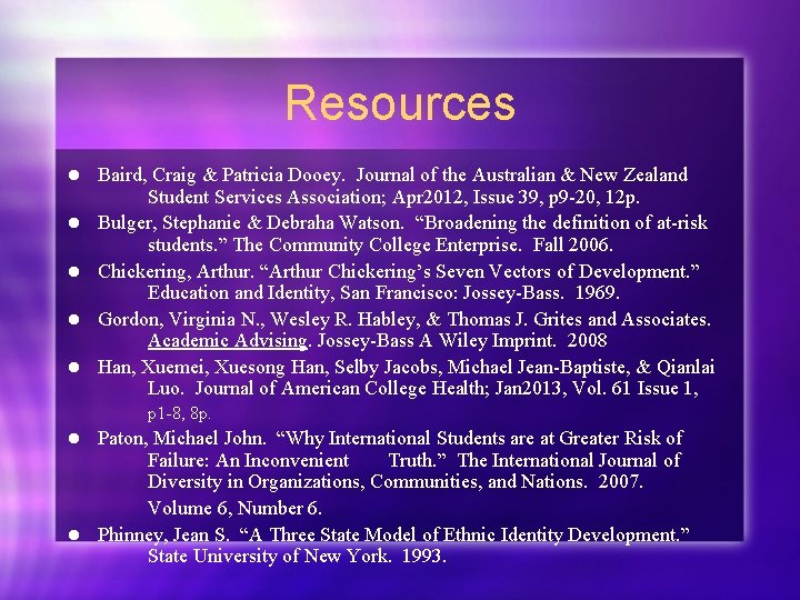 Resources l l l Baird, Craig & Patricia Dooey. Journal of the Australian &