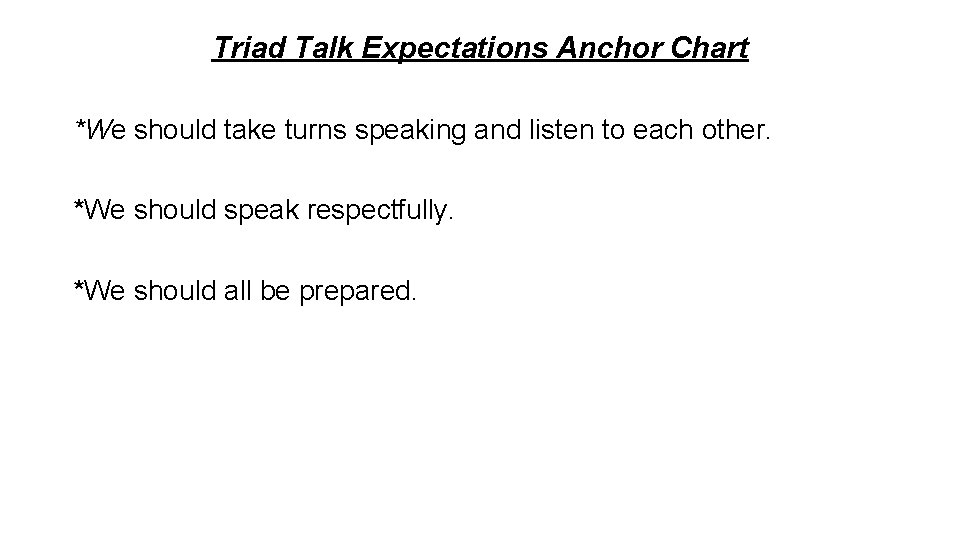 Triad Talk Expectations Anchor Chart *We should take turns speaking and listen to each