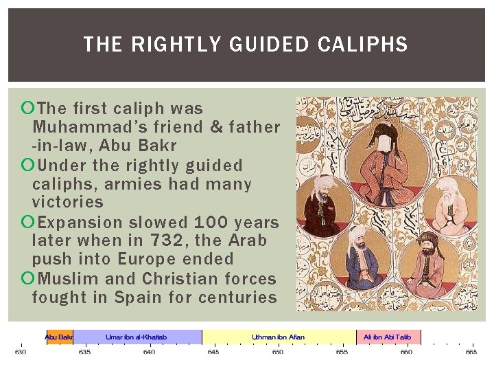 THE RIGHTLY GUIDED CALIPHS The first caliph was Muhammad’s friend & father -in-law, Abu