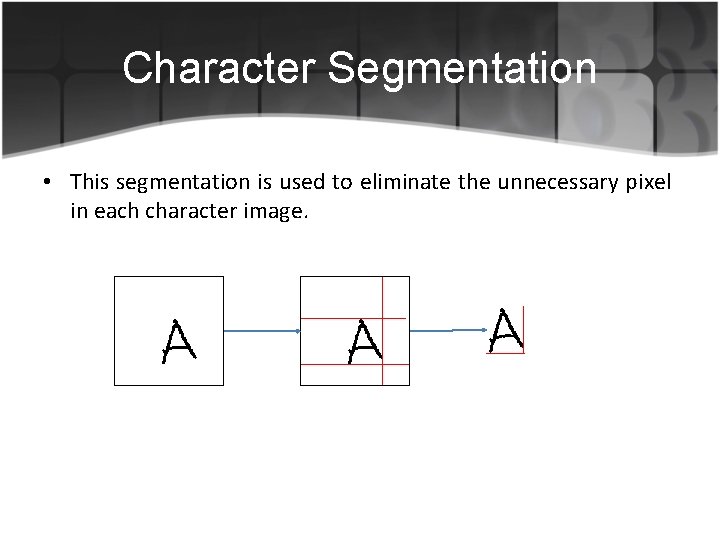 Character Segmentation • This segmentation is used to eliminate the unnecessary pixel in each