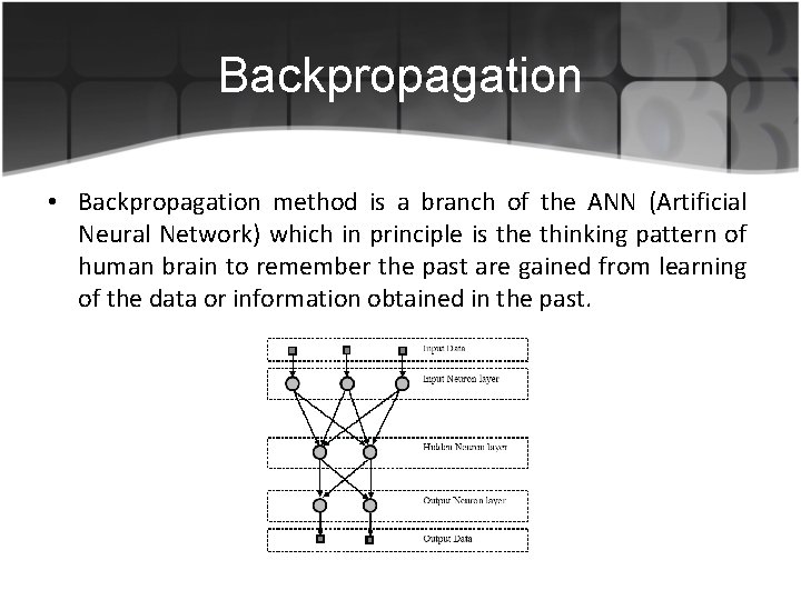 Backpropagation • Backpropagation method is a branch of the ANN (Artificial Neural Network) which