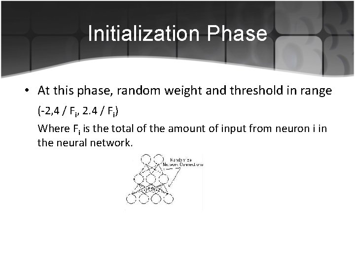 Initialization Phase • At this phase, random weight and threshold in range (-2, 4