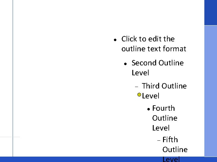  Click to edit the outline text format Second Outline Level Third Outline Level