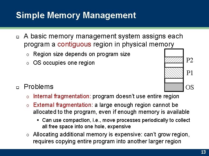 Simple Memory Management q A basic memory management system assigns each program a contiguous