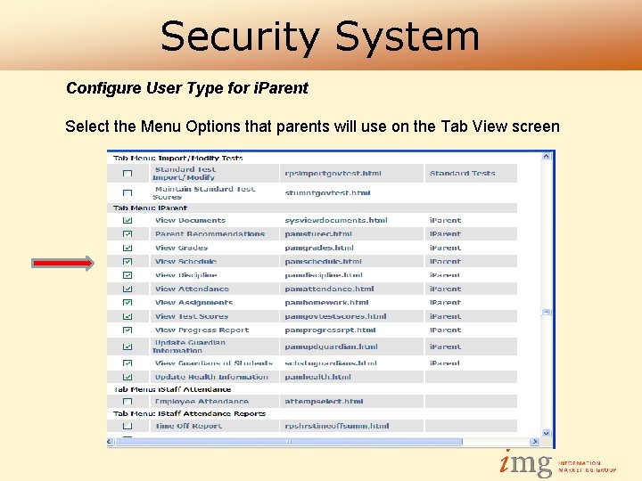 Security System Configure User Type for i. Parent Select the Menu Options that parents