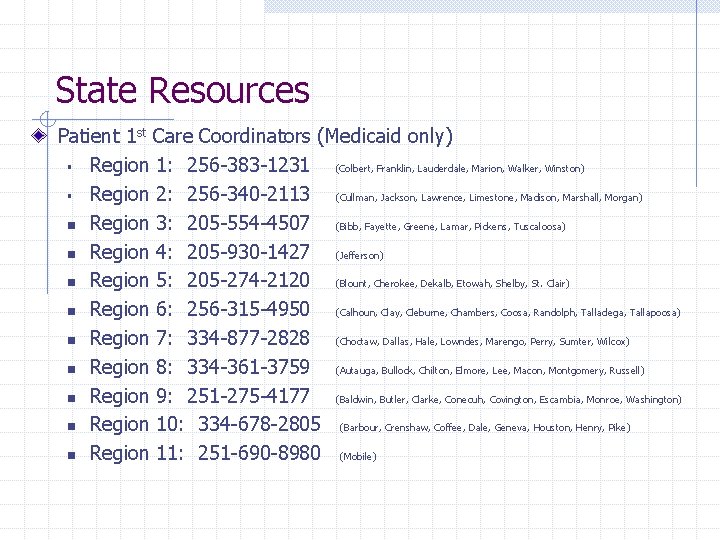 State Resources Patient 1 st Care Coordinators (Medicaid only) § Region 1: 256 -383