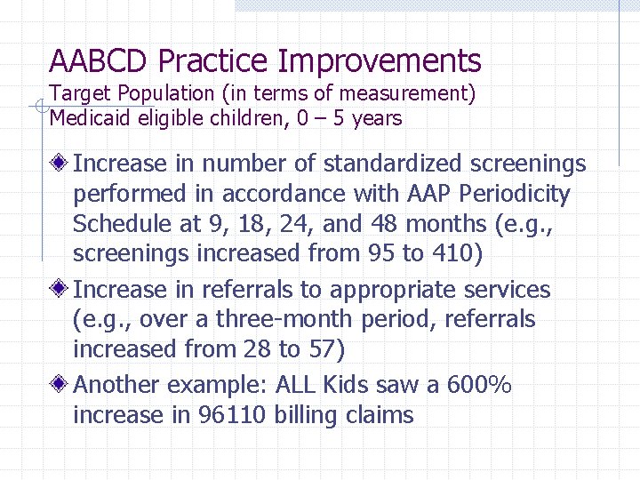 AABCD Practice Improvements Target Population (in terms of measurement) Medicaid eligible children, 0 –