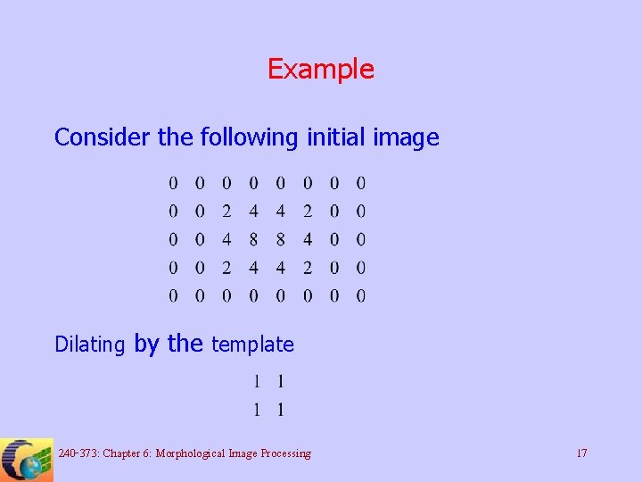 Example Consider the following initial image Dilating by the template 240 -373: Chapter 6:
