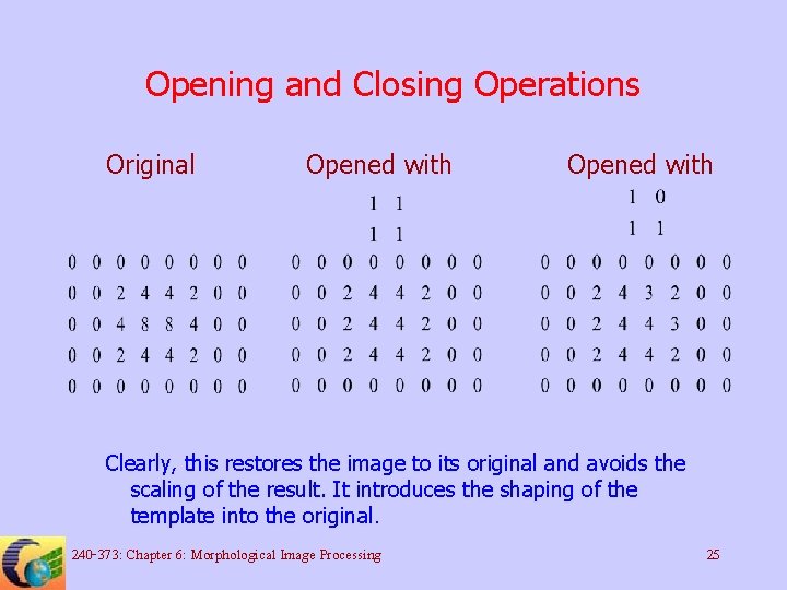 Opening and Closing Operations Original Opened with Clearly, this restores the image to its