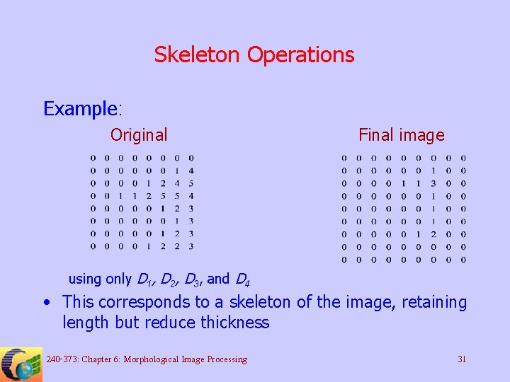 Skeleton Operations Example: Original Final image using only D 1, D 2, D 3,