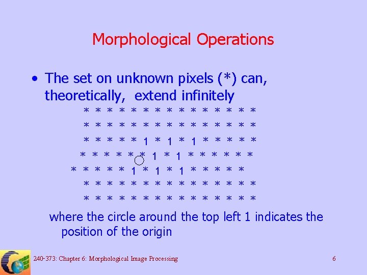 Morphological Operations • The set on unknown pixels (*) can, theoretically, extend infinitely *