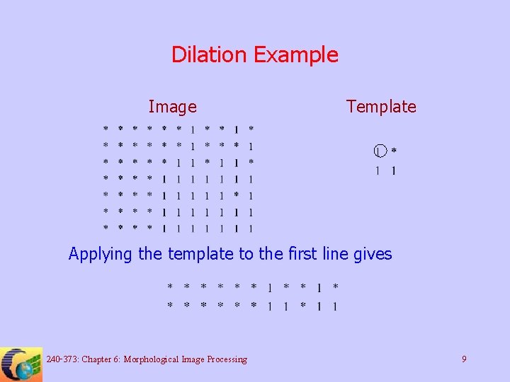 Dilation Example Image Template Applying the template to the first line gives 240 -373:
