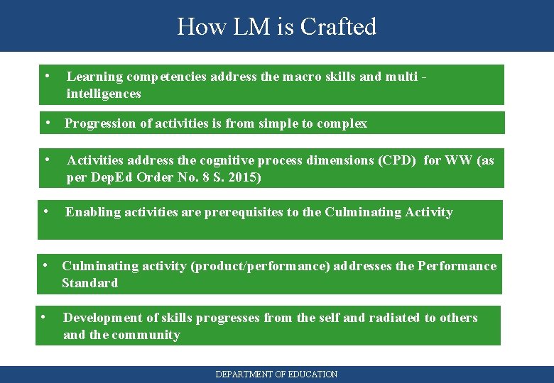 How LM is Crafted • Learning competencies address the macro skills and multi intelligences