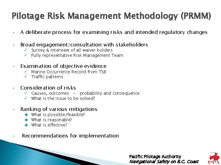 Pilotage Risk Management Methodology (PRMM) • A deliberate process for examining risks and intended