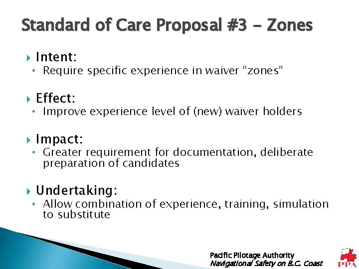 Standard of Care Proposal #3 - Zones Intent: • Require specific experience in waiver