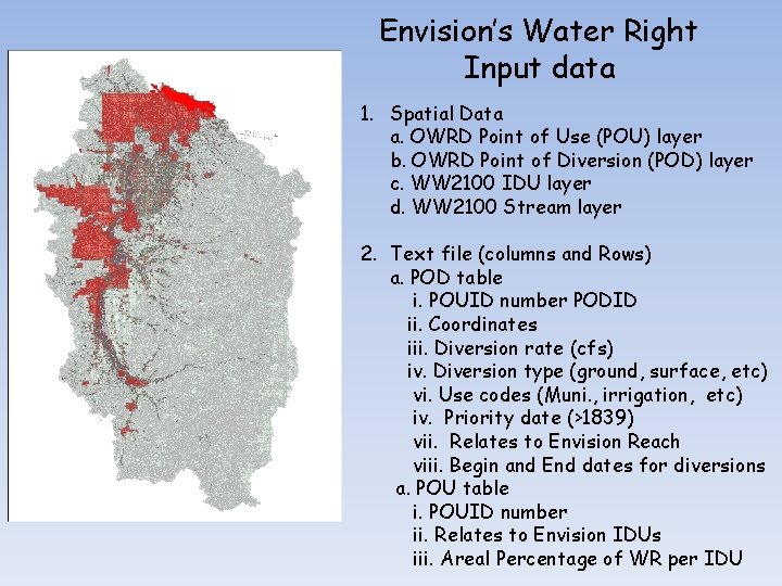 Envision’s Water Right Input data 1. Spatial Data a. OWRD Point of Use (POU)