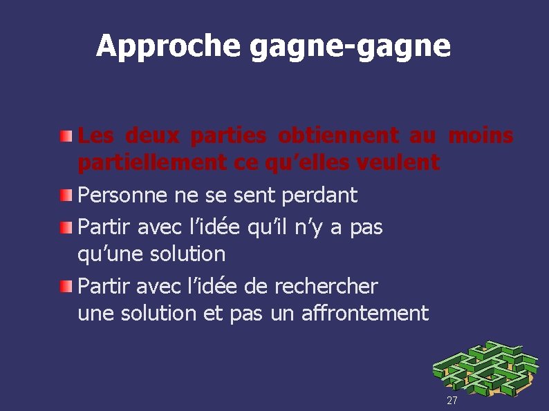 Approche gagne-gagne Les deux parties obtiennent au moins partiellement ce qu’elles veulent Personne ne