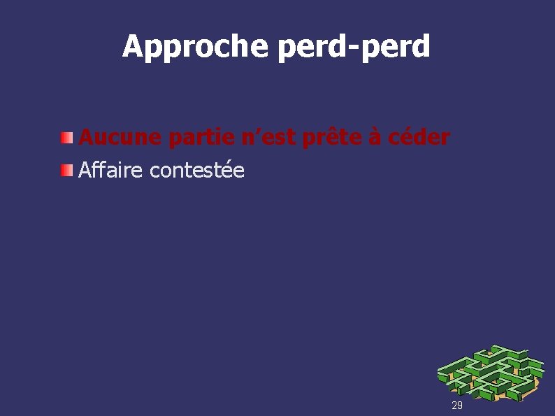 Approche perd-perd Aucune partie n’est prête à céder Affaire contestée 29 
