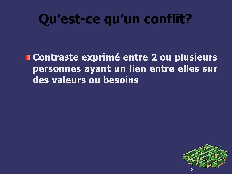 Qu’est-ce qu’un conflit? Contraste exprimé entre 2 ou plusieurs personnes ayant un lien entre