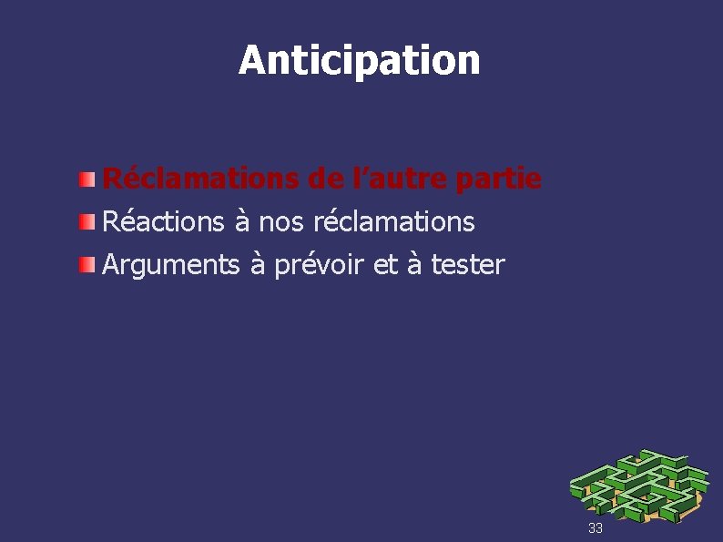 Anticipation Réclamations de l’autre partie Réactions à nos réclamations Arguments à prévoir et à